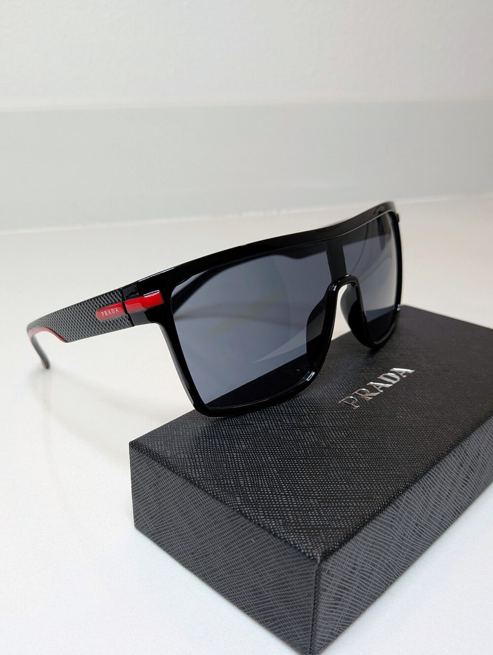 Prada Black Shield Sunglasses Red Logo